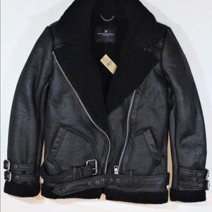 American Eagle Black Sherpa Moto Jacket XL